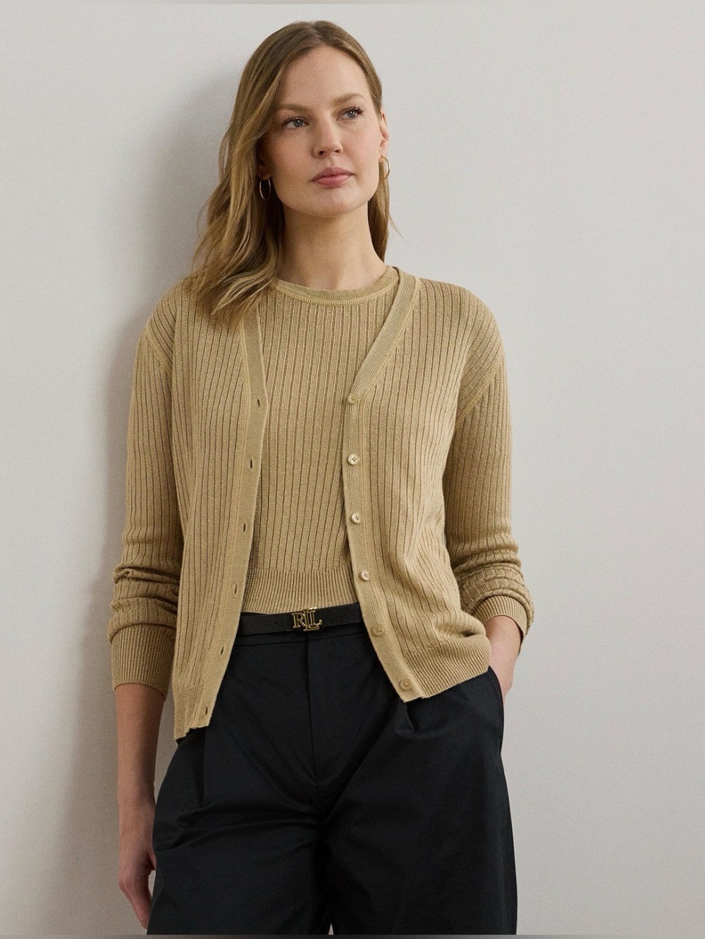 NWT Lauren Ralph Lauren Tan Knit Linen Blend V-Neck Cardigan Size XS $165